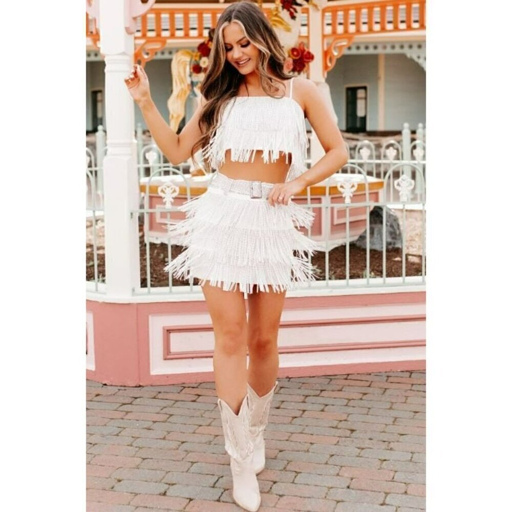 *PLUS ONLY* Spotlight Stealer Rhinestone Fringe Mini Skort Off White - Picture 6 of 10